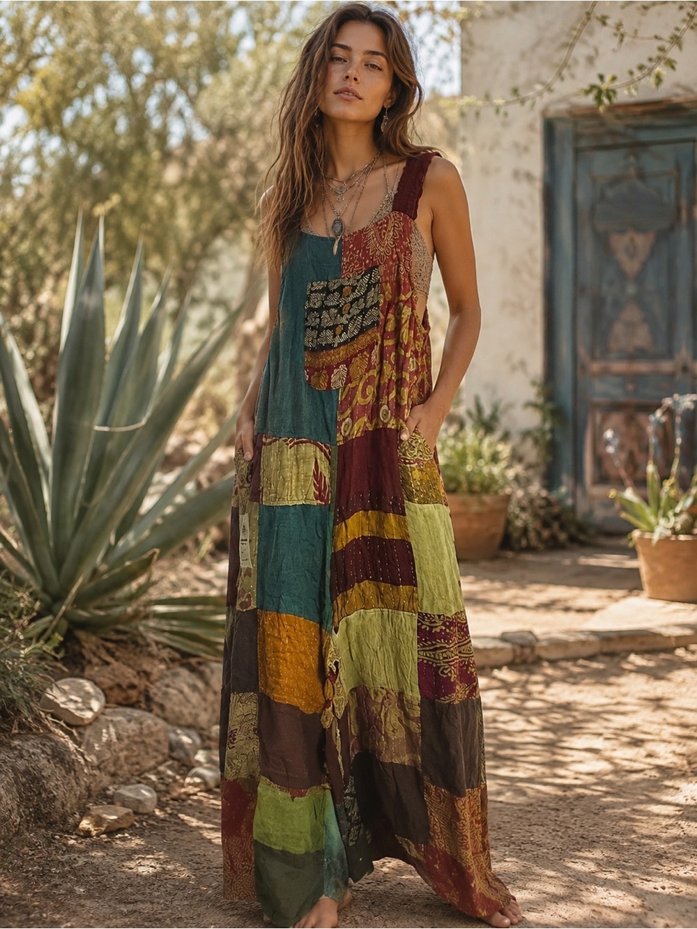 Bohemian Patchwork Kantha Maxi overalls in Multi-Color